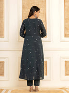 Yufta Navy Blue Cotton Embroidered Kurta Set With Dupatta | Grocsy