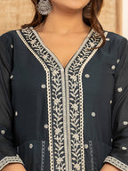 Yufta Navy Blue Cotton Embroidered Kurta Set With Dupatta | Grocsy