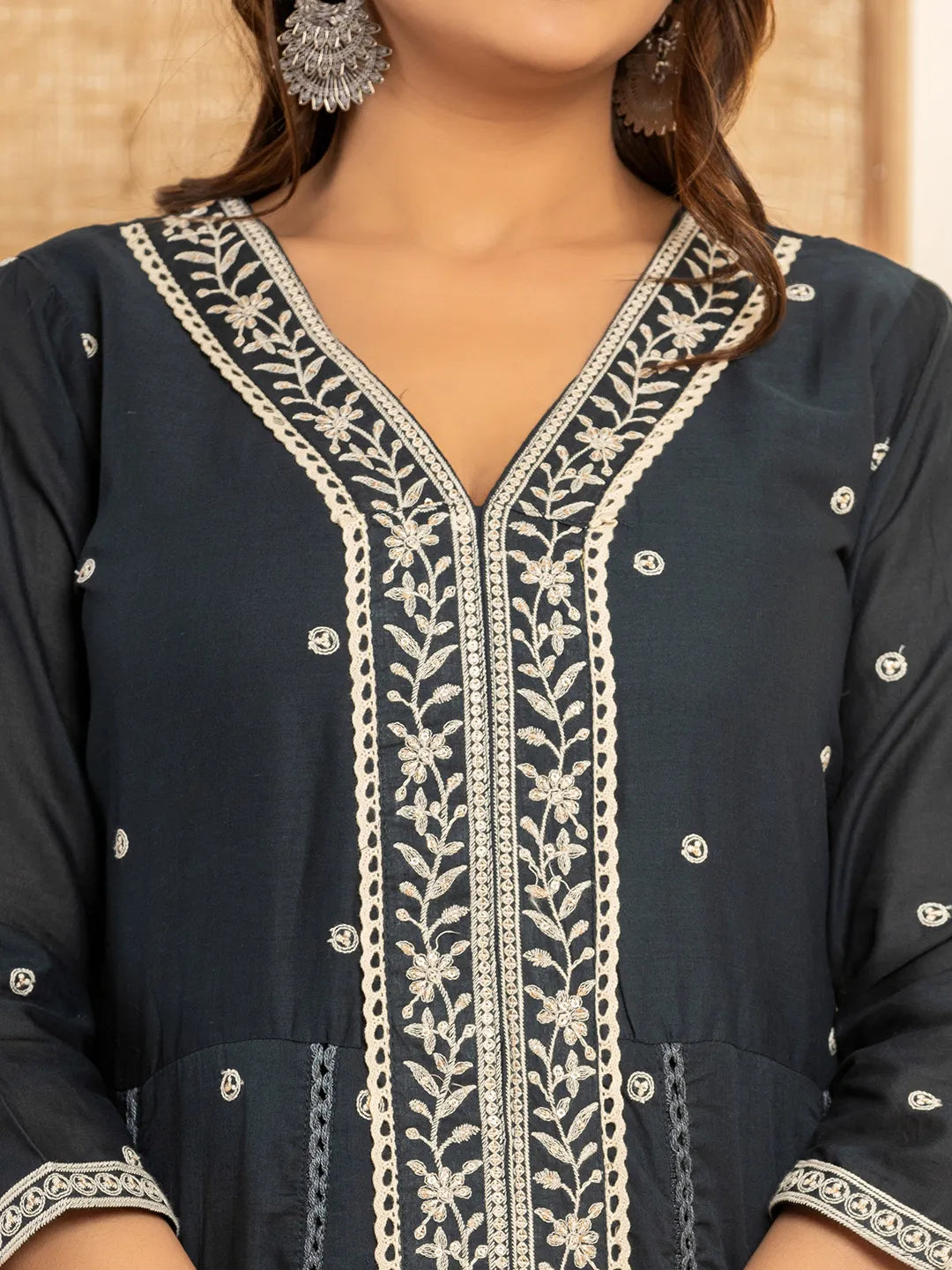 Yufta Navy Blue Cotton Embroidered Kurta Set With Dupatta | Grocsy