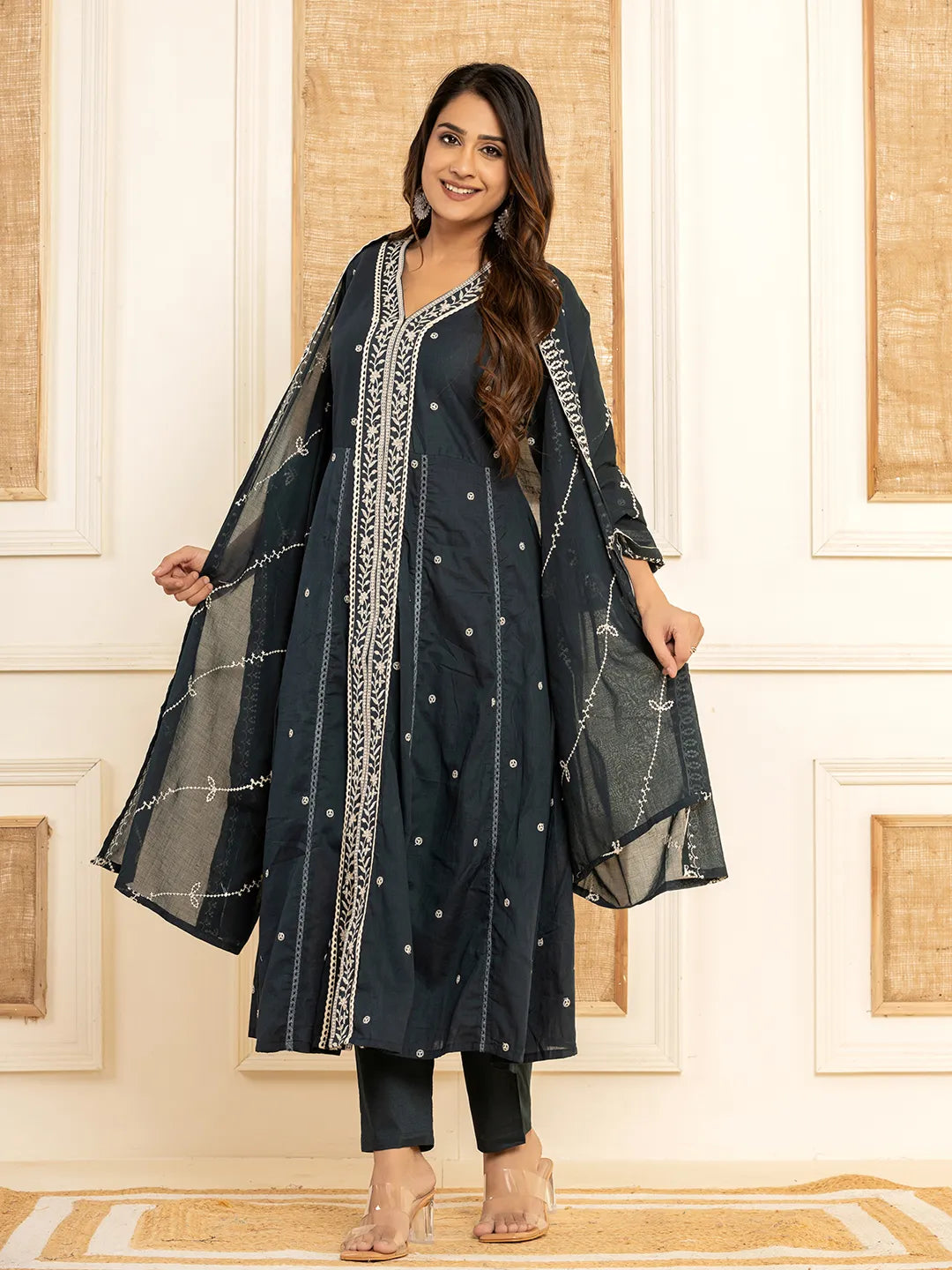 Yufta Navy Blue Cotton Embroidered Kurta Set With Dupatta | Grocsy