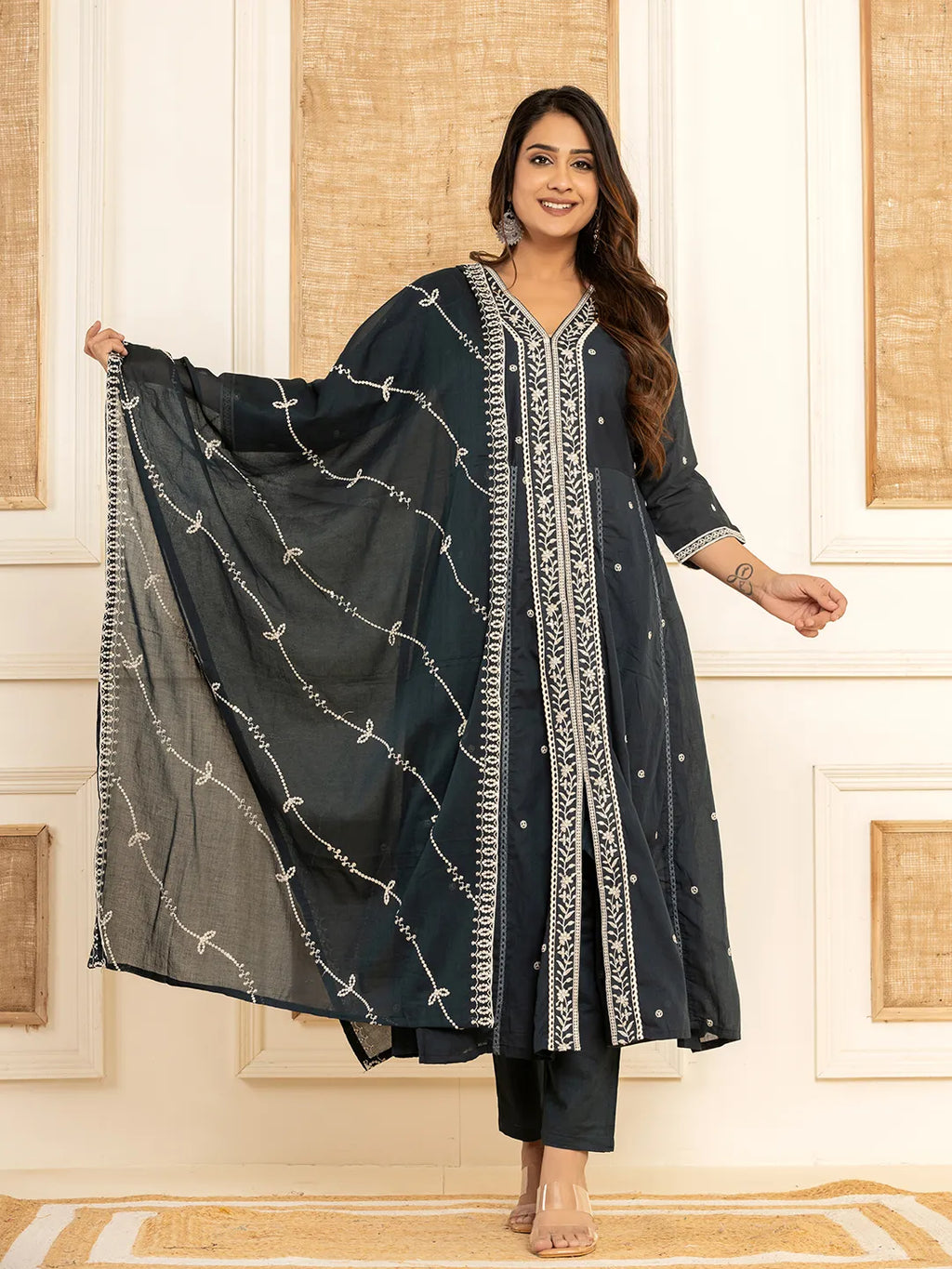 Yufta Navy Blue Cotton Embroidered Kurta Set With Dupatta | Grocsy