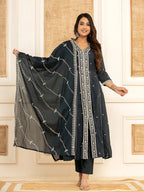 Yufta Navy Blue Cotton Embroidered Kurta Set With Dupatta | Grocsy