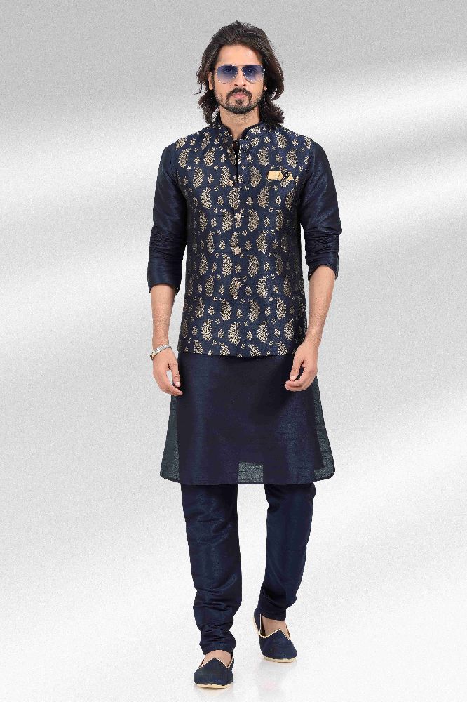 Raivat Ethnic Jacquard Banarasi Silk Woven Work 3 Pics Jacket Set In Blue Colour | Grocsy