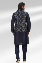 Raivat Ethnic Jacquard Banarasi Silk Woven Work 3 Pics Jacket Set In Blue Colour | Grocsy