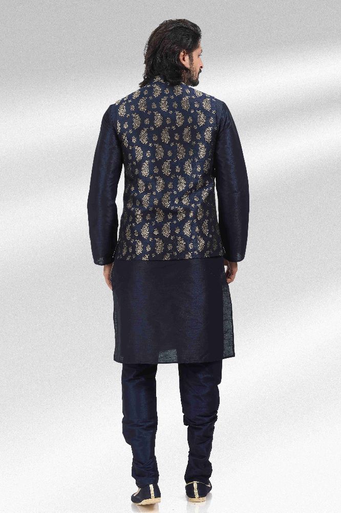 Raivat Ethnic Jacquard Banarasi Silk Woven Work 3 Pics Jacket Set In Blue Colour | Grocsy