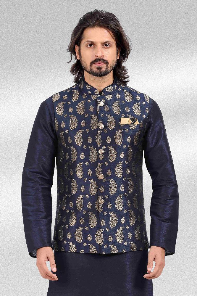 Raivat Ethnic Jacquard Banarasi Silk Woven Work 3 Pics Jacket Set In Blue Colour | Grocsy