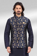Raivat Ethnic Jacquard Banarasi Silk Woven Work 3 Pics Jacket Set In Blue Colour | Grocsy
