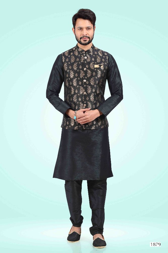 Raivat Ethnic Jacquard Banarasi Silk Woven Work 3 Pics Jacket Set In Black Colour | Grocsy