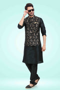 Raivat Ethnic Jacquard Banarasi Silk Woven Work 3 Pics Jacket Set In Black Colour | Grocsy