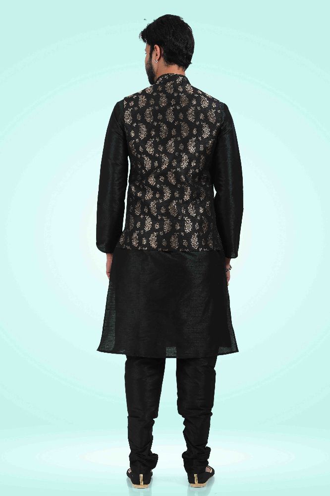 Raivat Ethnic Jacquard Banarasi Silk Woven Work 3 Pics Jacket Set In Black Colour | Grocsy