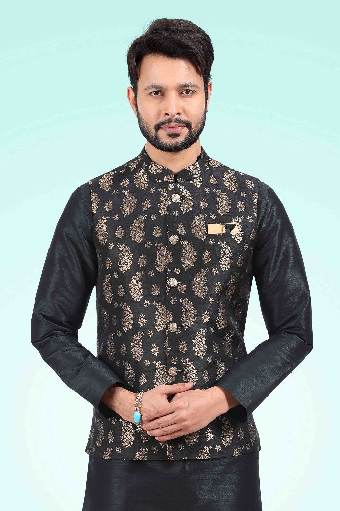 Raivat Ethnic Jacquard Banarasi Silk Woven Work 3 Pics Jacket Set In Black Colour | Grocsy
