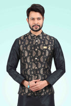 Raivat Ethnic Jacquard Banarasi Silk Woven Work 3 Pics Jacket Set In Black Colour | Grocsy