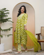 Vaasva Women Green Cotton Kurta With Cotton Pant & Dupatta | Grocsy