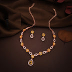 Tehzeeb Creations Elegant Yellow Polished American Diamond (Ad) Studded Necklace And Earring Set For Women | Grocsy