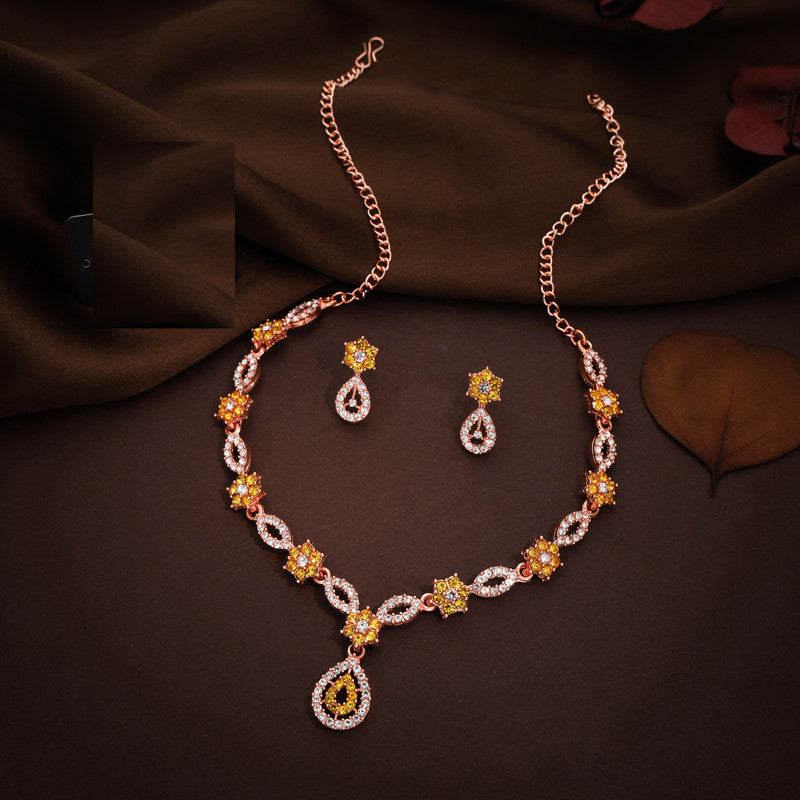 Tehzeeb Creations Elegant Yellow Polished American Diamond (Ad) Studded Necklace And Earring Set For Women | Grocsy