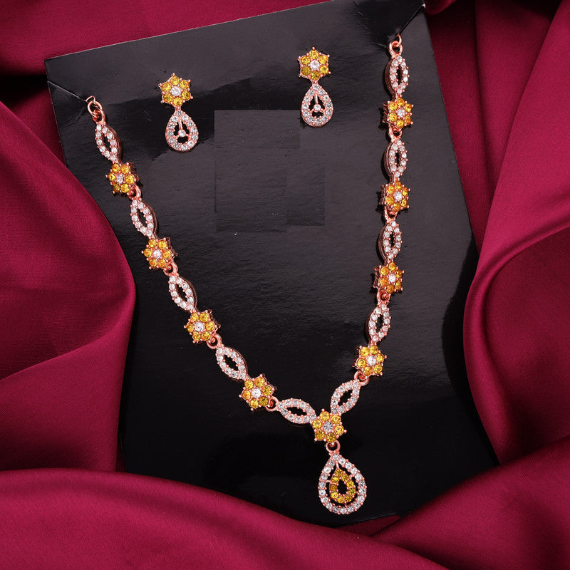 Tehzeeb Creations Elegant Yellow Polished American Diamond (Ad) Studded Necklace And Earring Set For Women | Grocsy