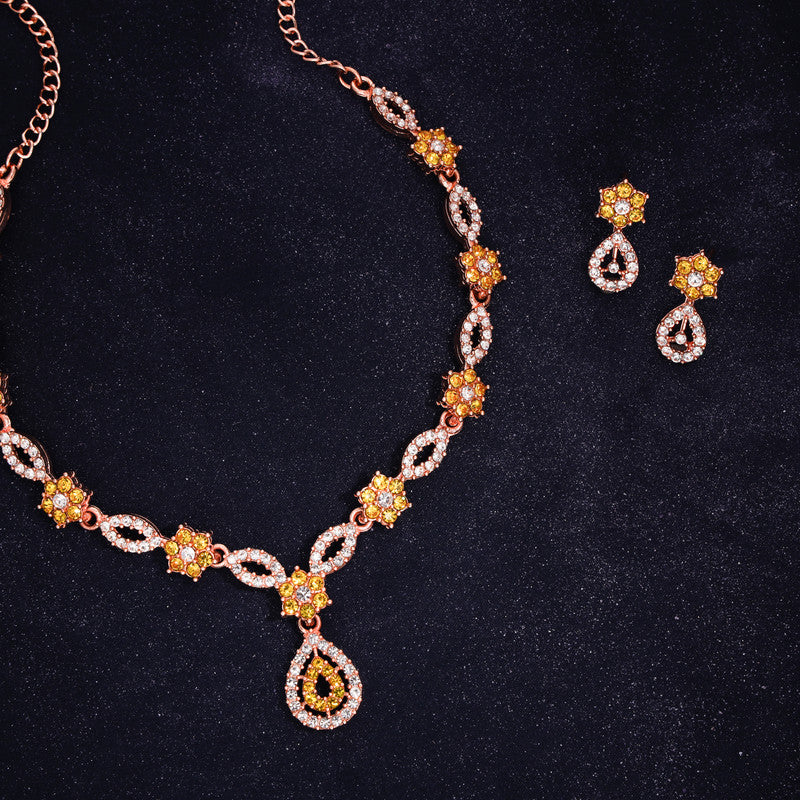 Tehzeeb Creations Elegant Yellow Polished American Diamond (Ad) Studded Necklace And Earring Set For Women | Grocsy