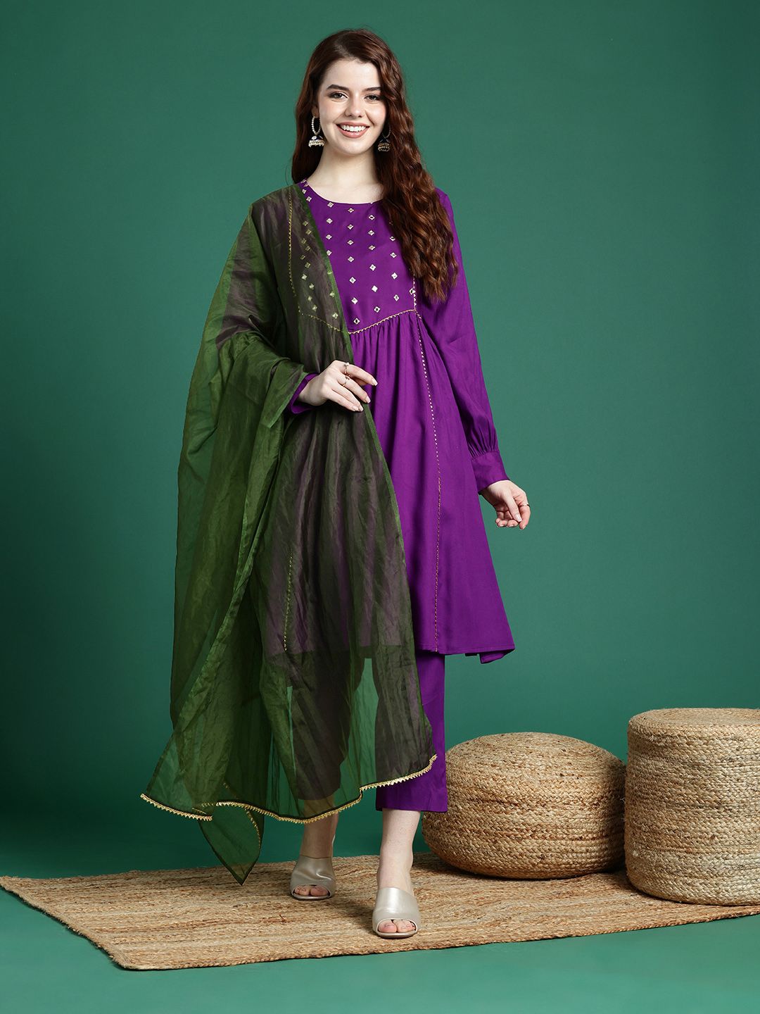 Sangria Mirror Work Embroidered Regular Gotta Patti A-Line Kurta With Trousers & Dupatta | Grocsy