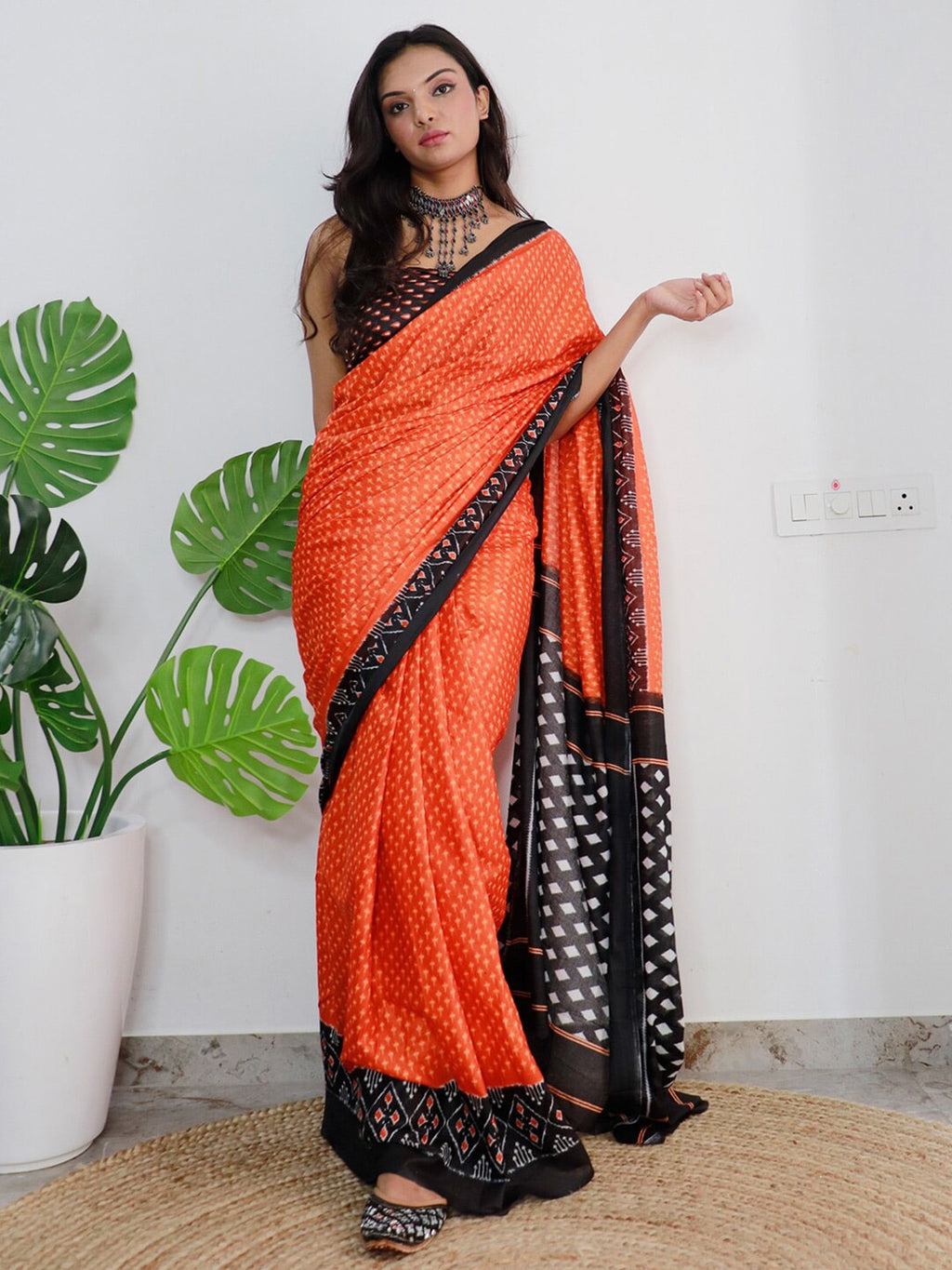 Saree Mall Orange & Black Ethnic Motifs Printed Pure Cotton Sarees | Grocsy