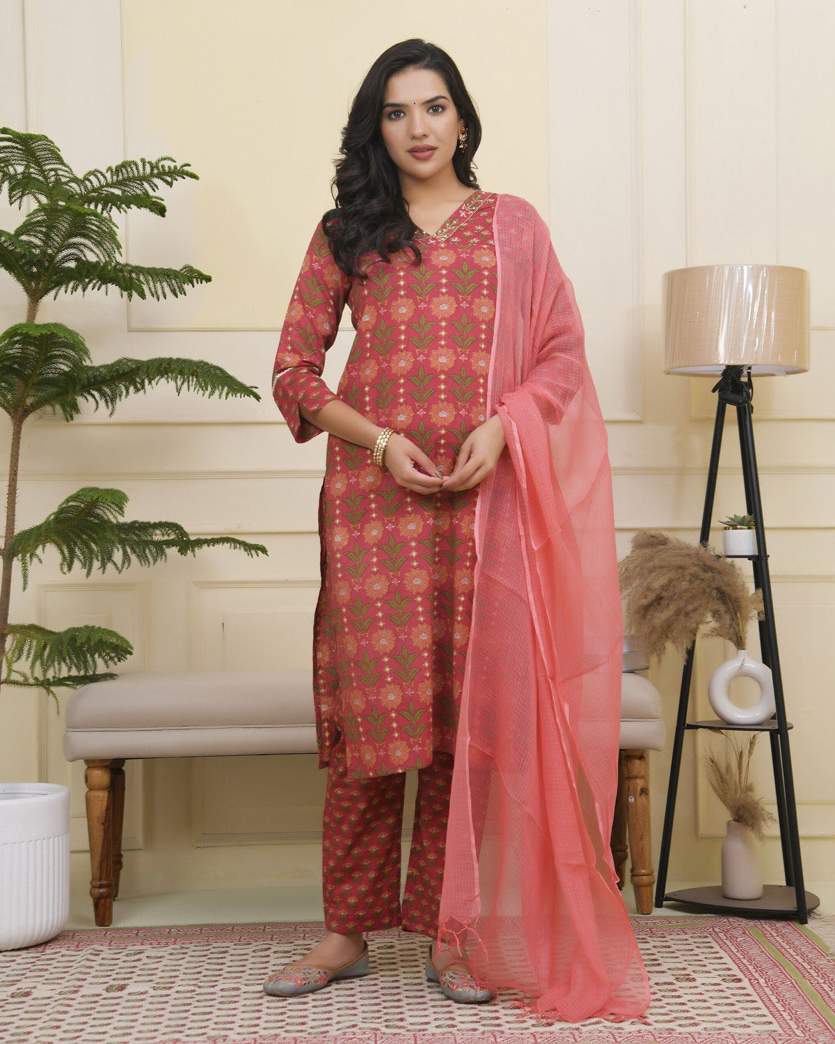 Vaasva Women Maroon Cotton Kurta With Cotton Pant & Dupatta | Grocsy