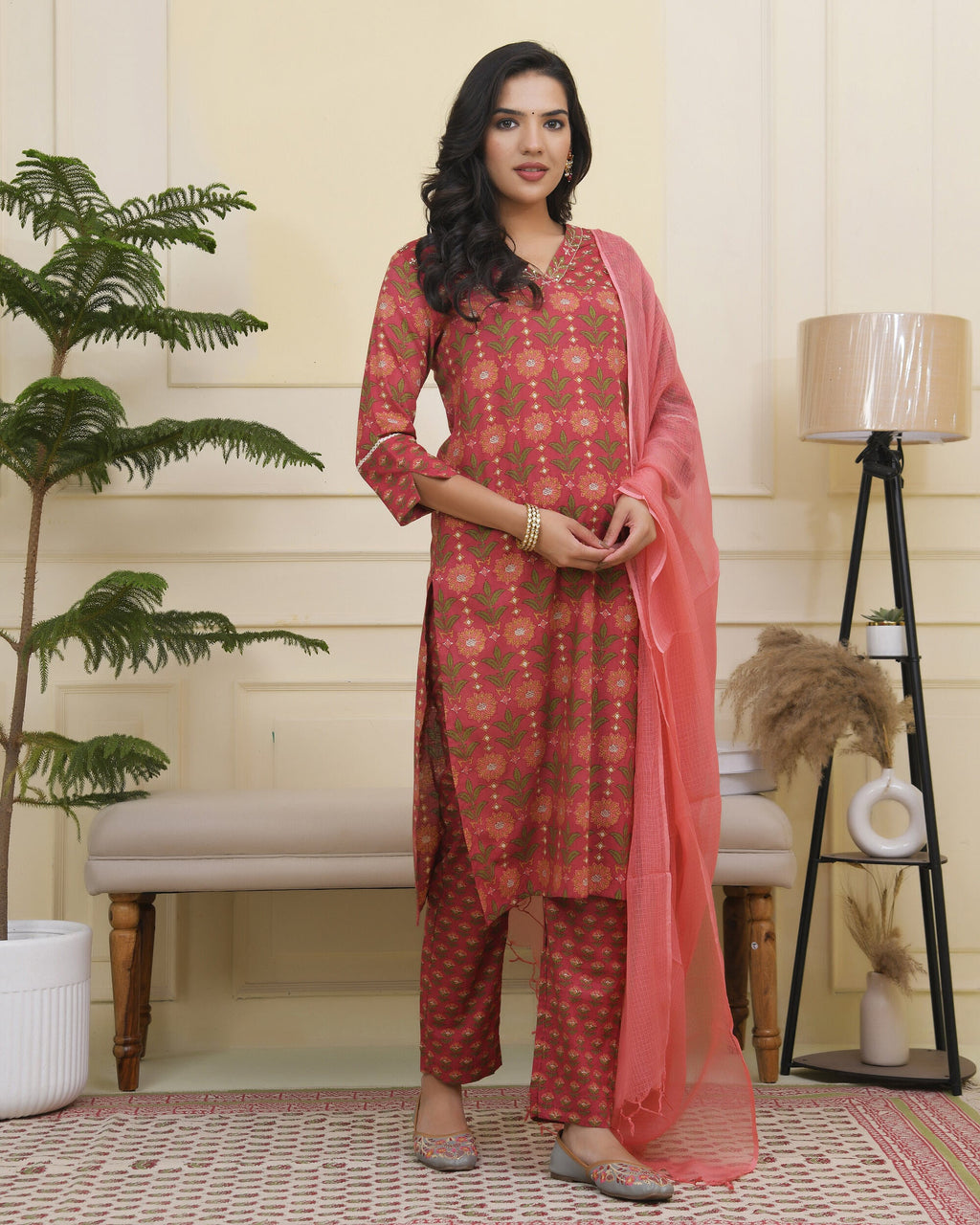 Vaasva Women Maroon Cotton Kurta With Cotton Pant & Dupatta | Grocsy