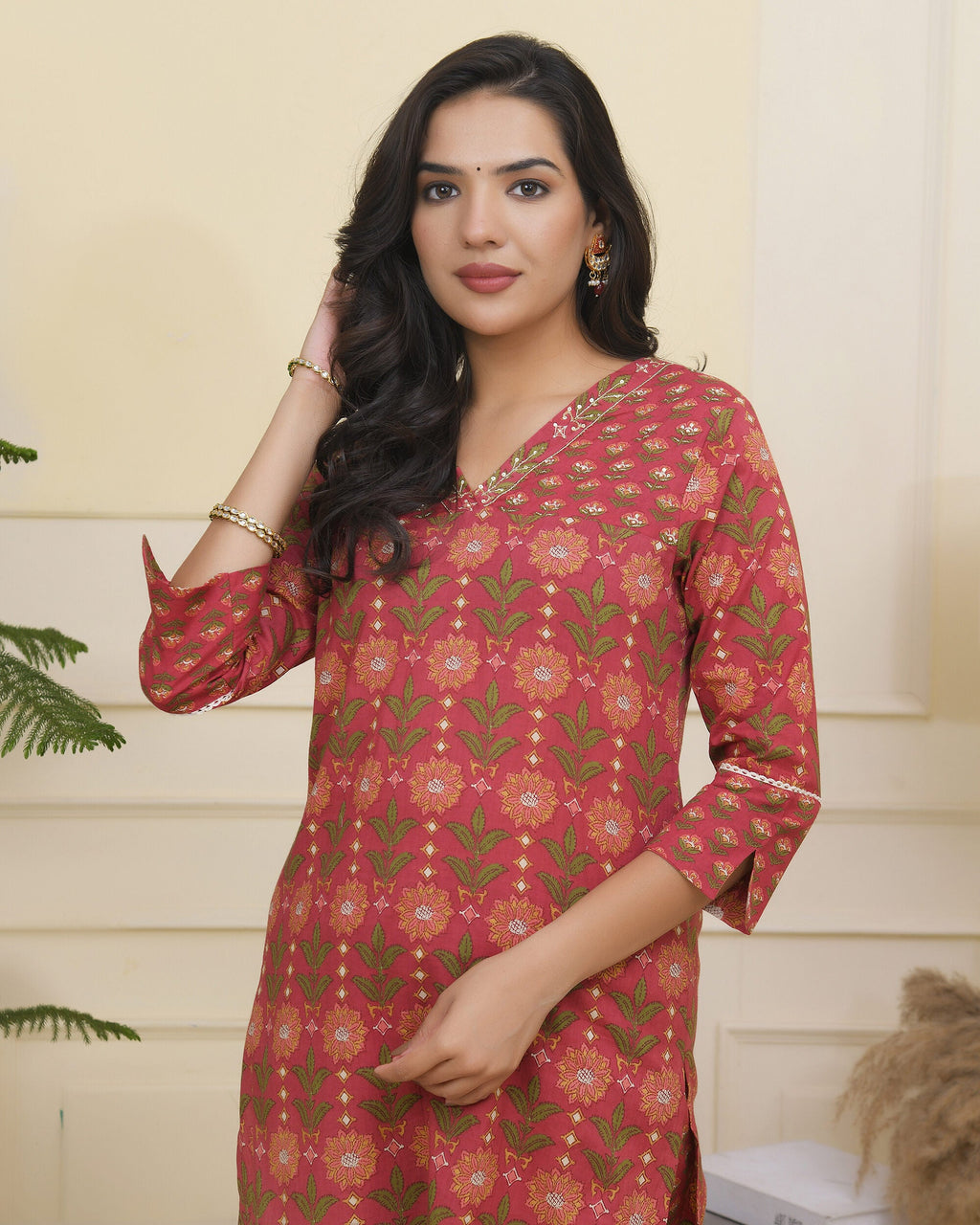Vaasva Women Maroon Cotton Kurta With Cotton Pant & Dupatta | Grocsy