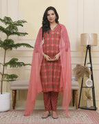 Vaasva Women Maroon Cotton Kurta With Cotton Pant & Dupatta | Grocsy