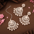 Tehzeeb Creations Gold-Polished Traditional Chandbali Drop Kundan & Pearl Earring With Tikka For Women | Grocsy