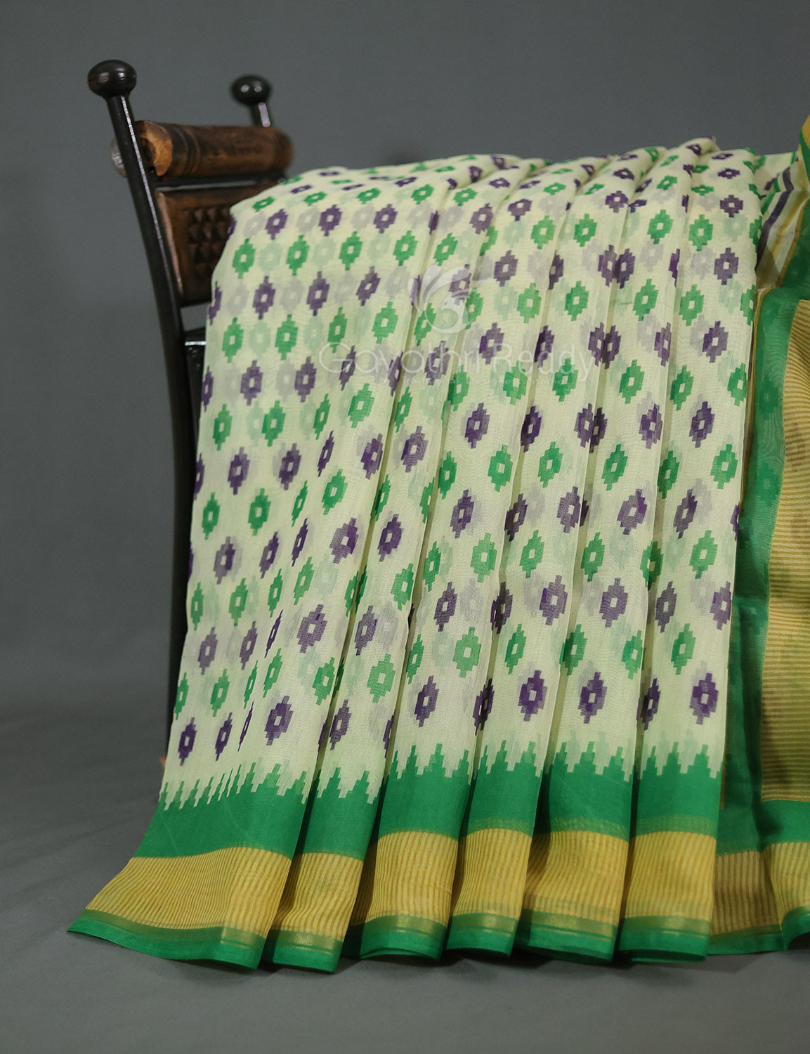Shades of Cream And Mango Green Colour Blouse Patola Print Semi Chanderi Saree By Gayathri Reddy Designer Studio | Grocsy