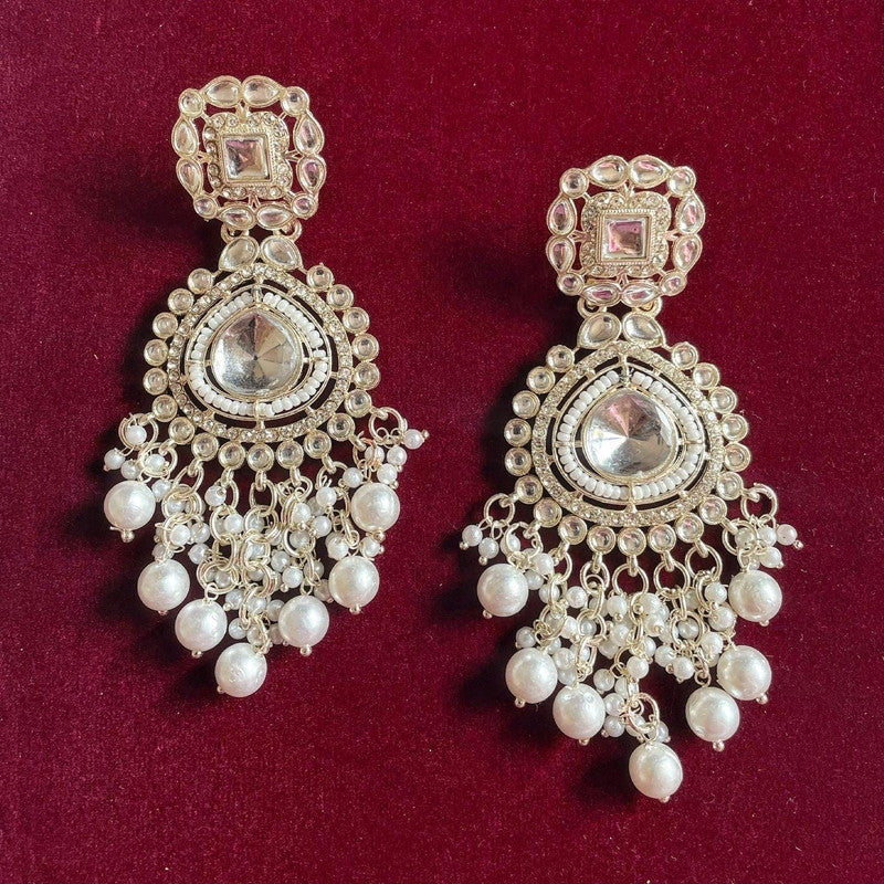 Tehzeeb Creations White Gold Trending Style Drop & Danglers Earring With Tikka For Girls & Women Diamond, Pearl Brass Drops | Grocsy
