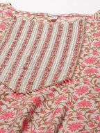 Yufta Women Pink Printed Kurta with Trouser and Dupatta Set | Grocsy