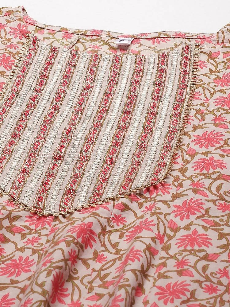 Yufta Women Pink Printed Kurta with Trouser and Dupatta Set | Grocsy