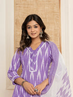 Yufta Purple Ikat Print Straight Strappy Kurta Trouser And Dupatta Set | Grocsy