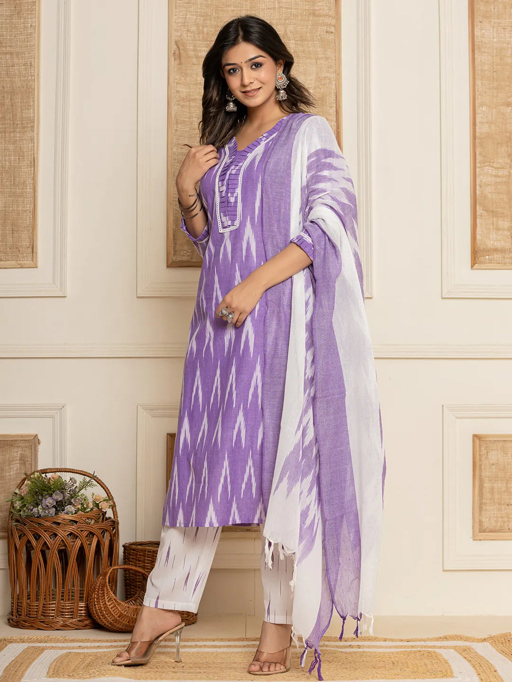 Yufta Purple Ikat Print Straight Strappy Kurta Trouser And Dupatta Set | Grocsy