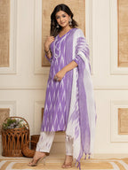 Yufta Purple Ikat Print Straight Strappy Kurta Trouser And Dupatta Set | Grocsy