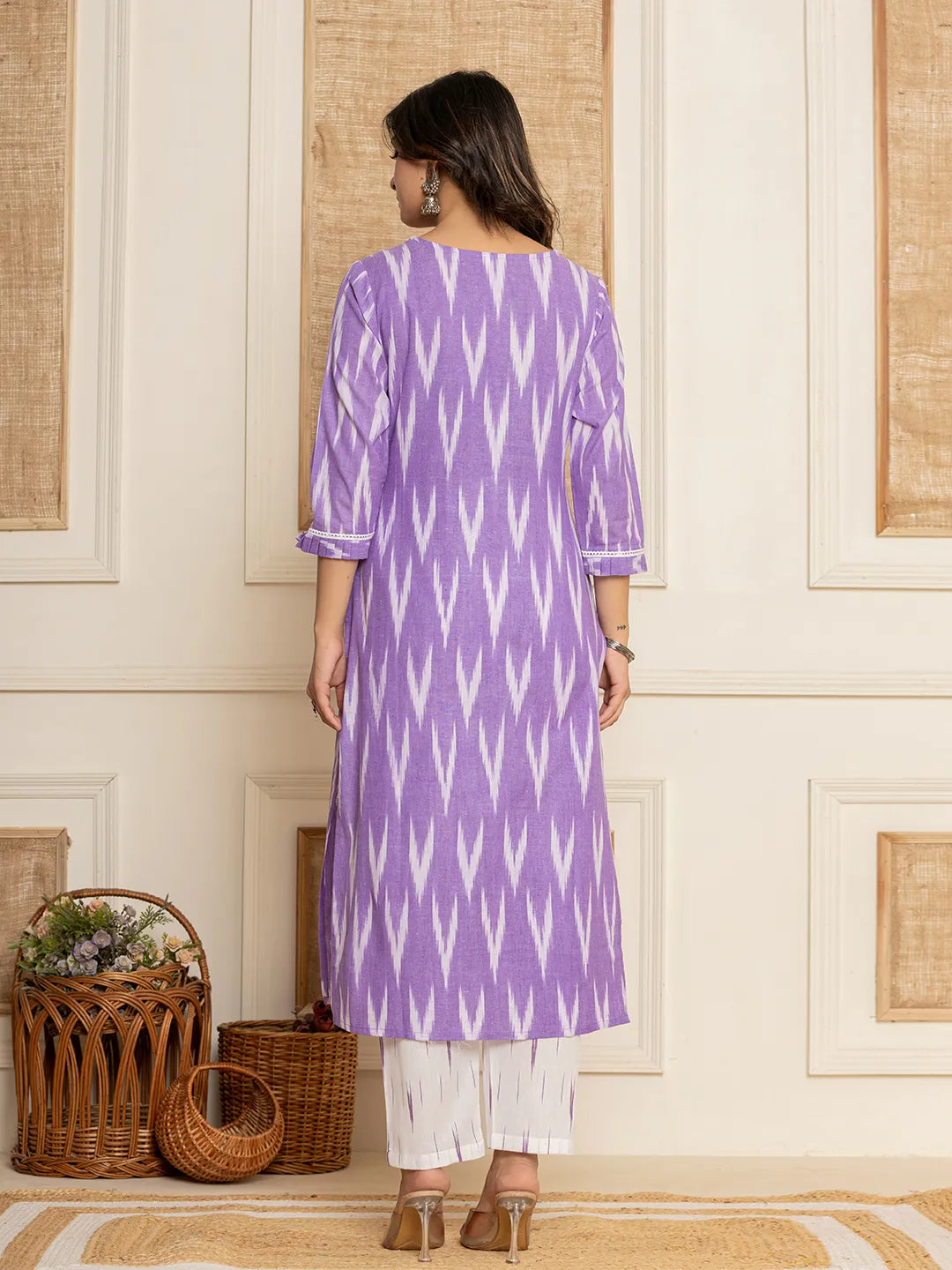 Yufta Purple Ikat Print Straight Strappy Kurta Trouser And Dupatta Set | Grocsy