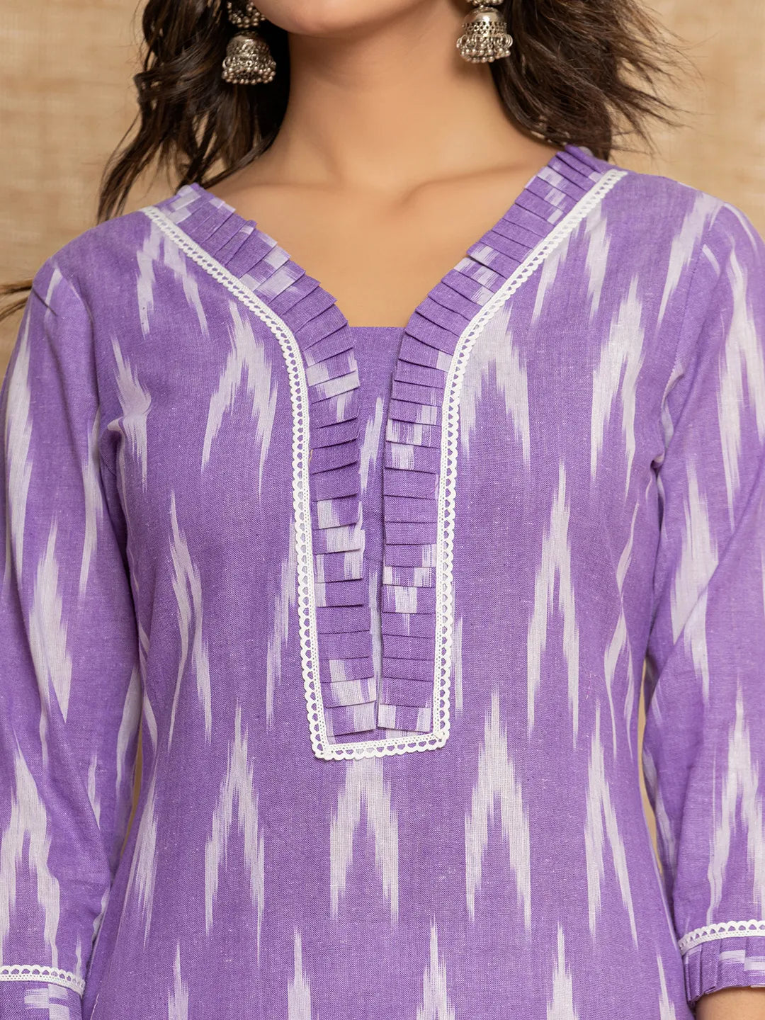 Yufta Purple Ikat Print Straight Strappy Kurta Trouser And Dupatta Set | Grocsy