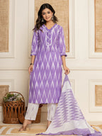 Yufta Purple Ikat Print Straight Strappy Kurta Trouser And Dupatta Set | Grocsy