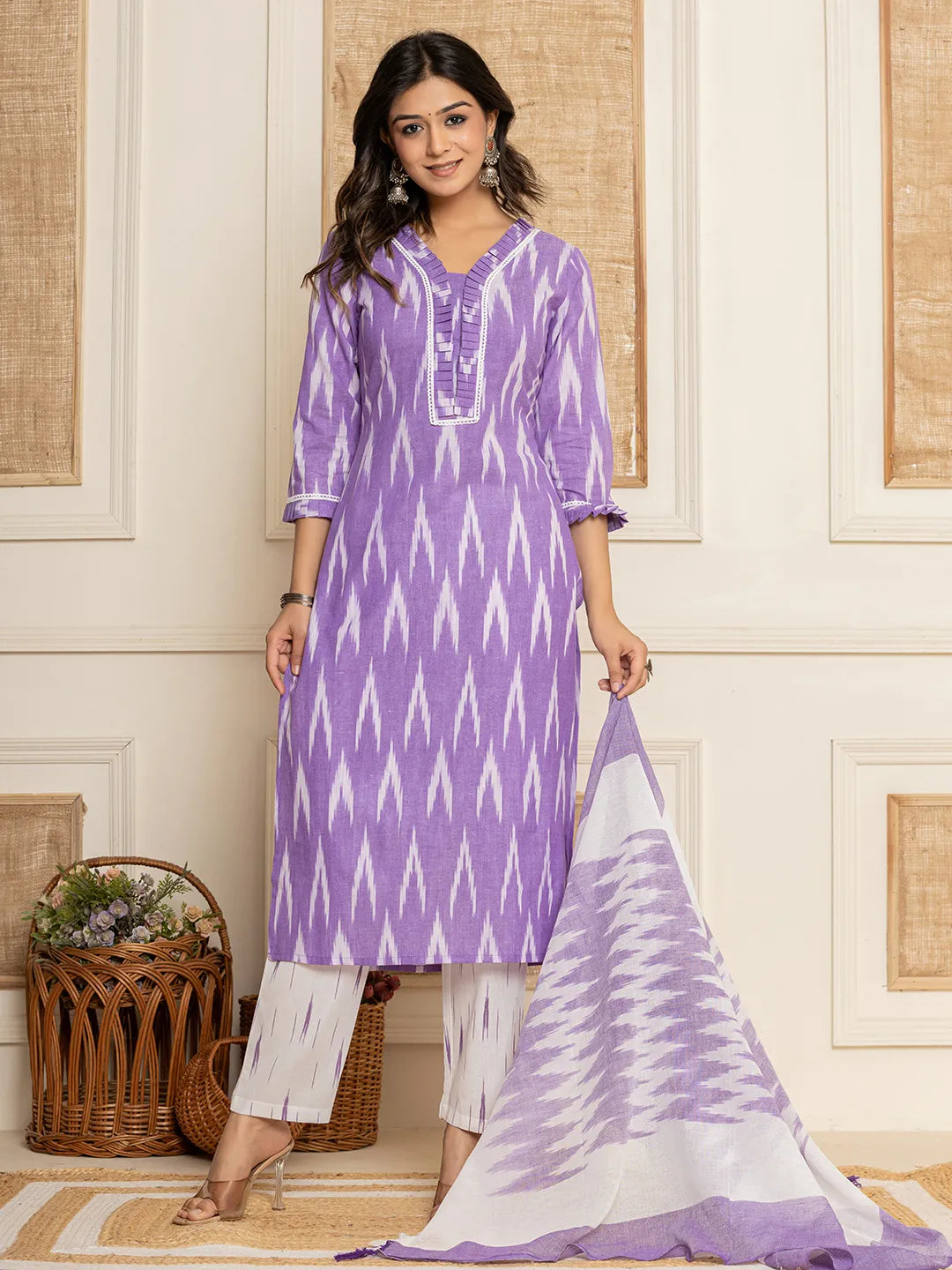 Yufta Purple Ikat Print Straight Strappy Kurta Trouser And Dupatta Set | Grocsy