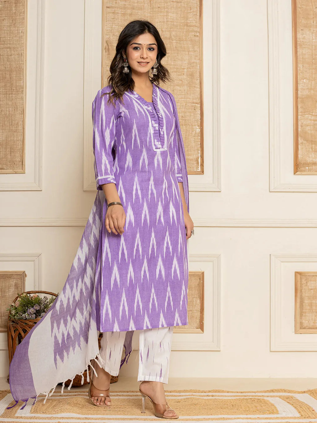Yufta Purple Ikat Print Straight Strappy Kurta Trouser And Dupatta Set | Grocsy