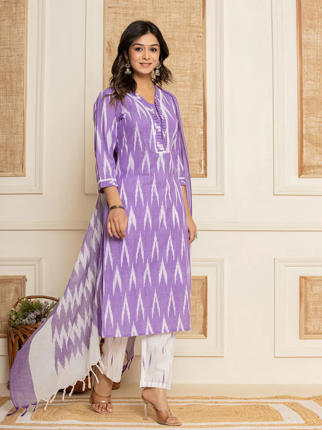 Yufta Purple Ikat Print Straight Strappy Kurta Trouser And Dupatta Set | Grocsy