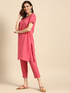 Sangria V-Neck Lace Detail Kurta with Trousers | Grocsy