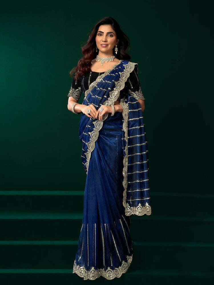 Joban Fashion Navy Blue Net Party Wear Sarees | Grocsy