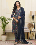 Vaasva Women Navy Cotton Kurta With Cotton Pant & Dupatta | Grocsy