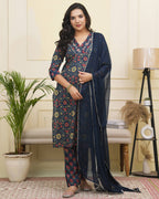 Vaasva Women Navy Cotton Kurta With Cotton Pant & Dupatta | Grocsy