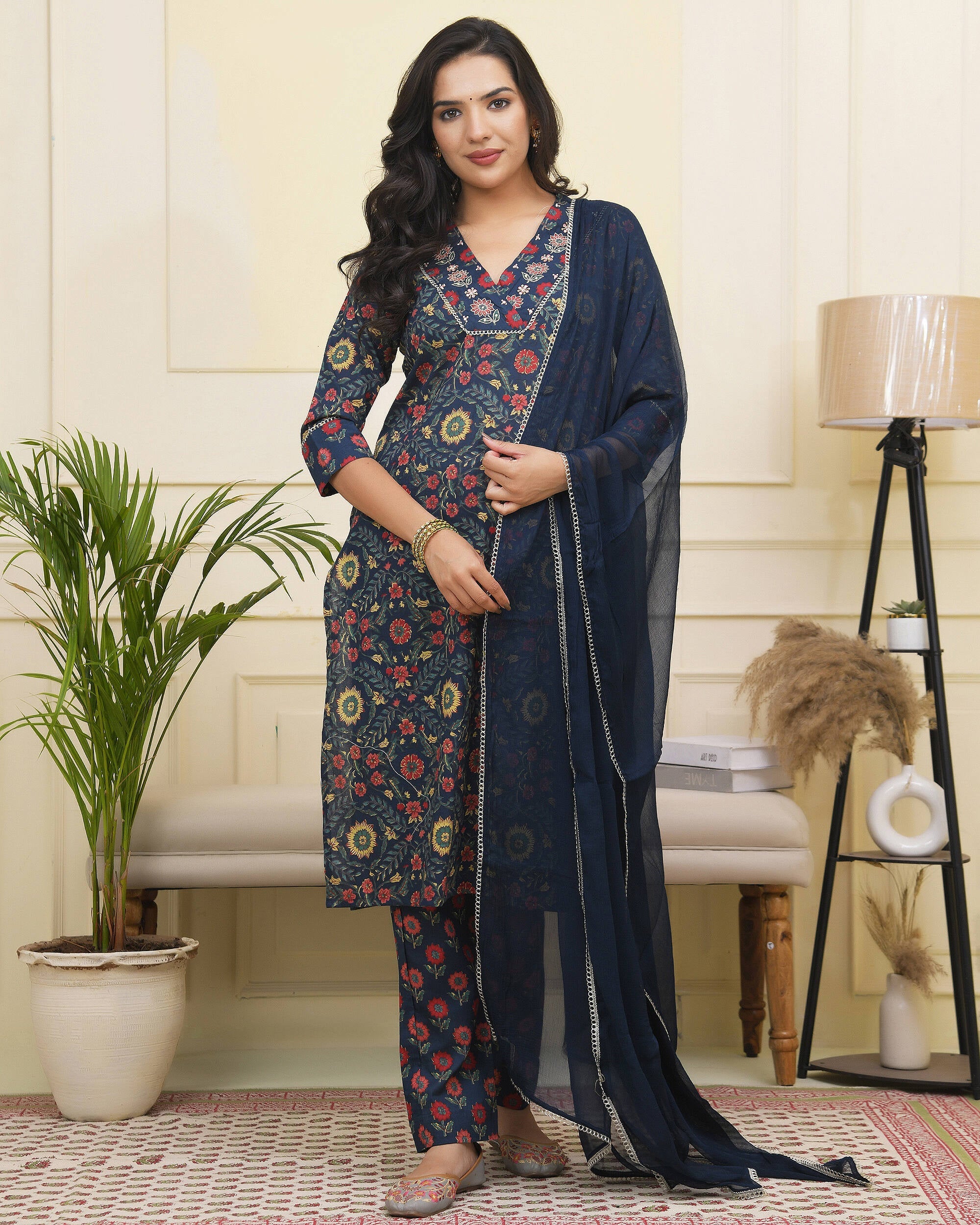 Vaasva Women Navy Cotton Kurta With Cotton Pant & Dupatta | Grocsy