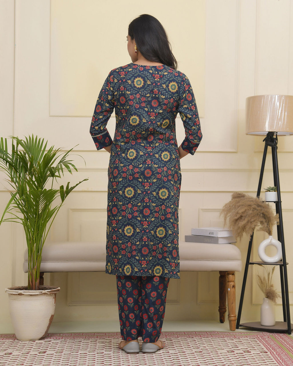 Vaasva Women Navy Cotton Kurta With Cotton Pant & Dupatta | Grocsy