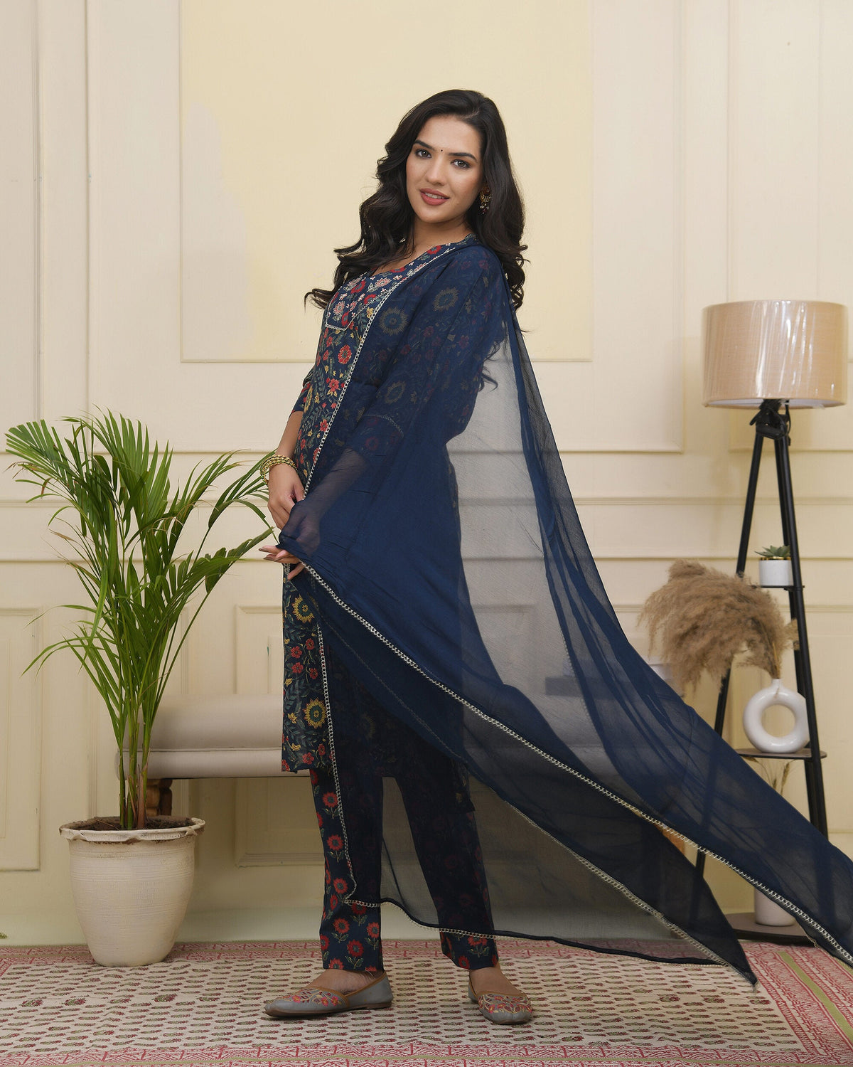 Vaasva Women Navy Cotton Kurta With Cotton Pant & Dupatta | Grocsy