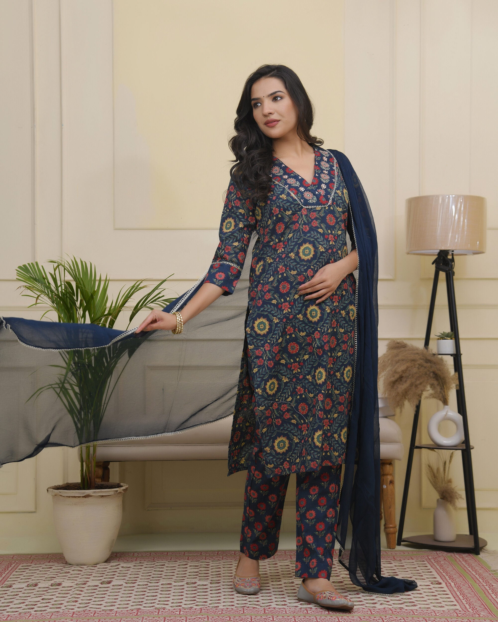 Vaasva Women Navy Cotton Kurta With Cotton Pant & Dupatta | Grocsy