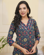 Vaasva Women Navy Cotton Kurta With Cotton Pant & Dupatta | Grocsy